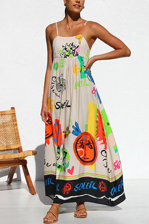 Margovil Tie Back Cut Out Graffiti Print Flowy Maxi Cami Dress