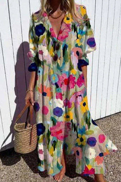 Margovil Ruched Button Down Balloon Sleeves Printed Maxi Dress