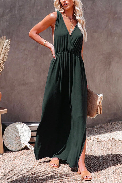 Margovil Sleeveless V Neck Side Split Solid Maxi Sundress