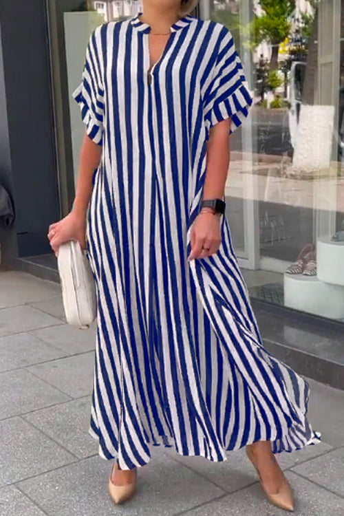 Margovil Striped V Neck Side Split Oversized Maxi Shirt Dress