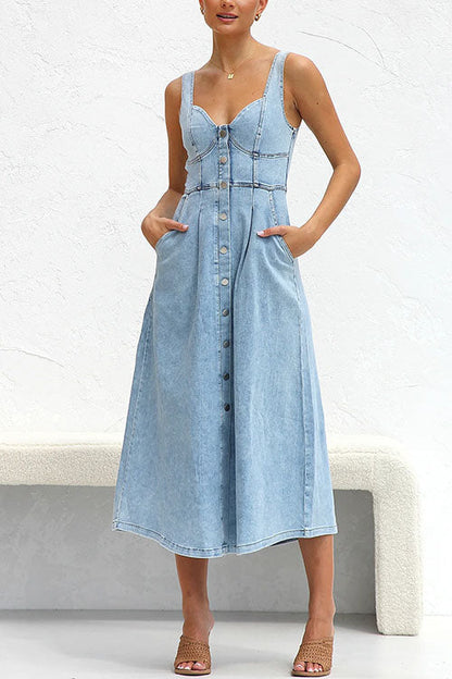 Margovil Distressed Button Down Pocketed Denim A-line Midi Cami Dress