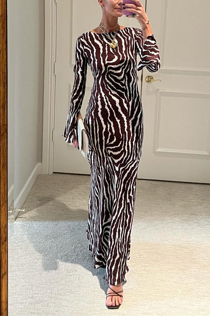 Margovil Boat Neck Bell Sleeves Animal Print Maxi Dress