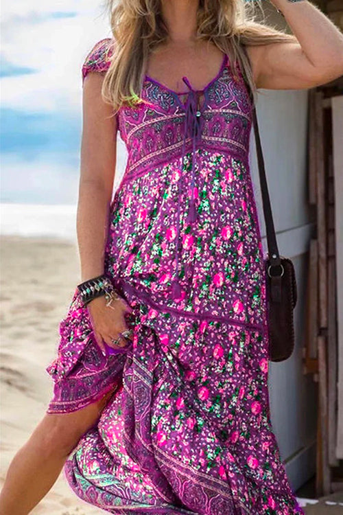 Margovil Tassel V Neck Bohemia Printed Maxi Beach Dress