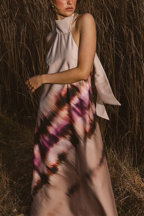 Halter High Neck Backless Tie Dye Swing Maxi Dress