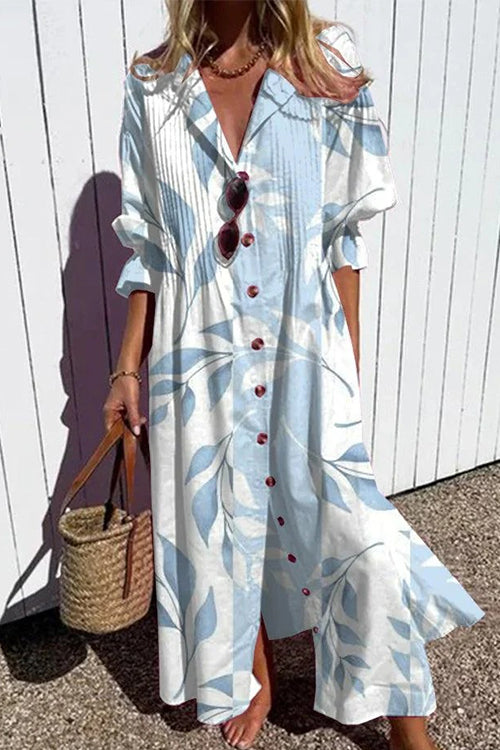 Margovil Ruched Button Down Balloon Sleeves Printed Maxi Dress