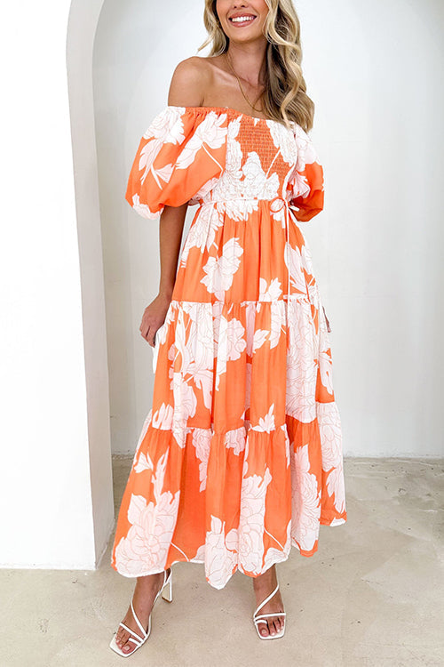 Margovil Off Shoulder Puff Sleeves Tiered Printed Midi Swing Dress