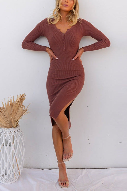 Buttons V Neck Side Split Ribbed Knit Bodycon Dress