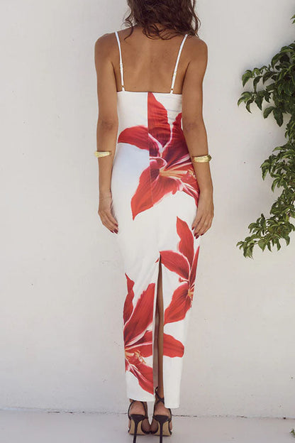 Margovil Spaghetti Strap Back Slit Lily Print Bodycon Maxi Dress