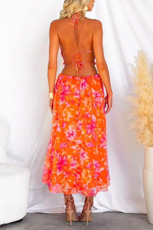 Backless Cut Out Slit Floral Maxi Flowy Dress