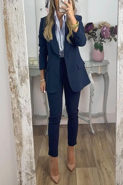 Business Work Collared Single Button Blazer Pocketed Pants Suit Set