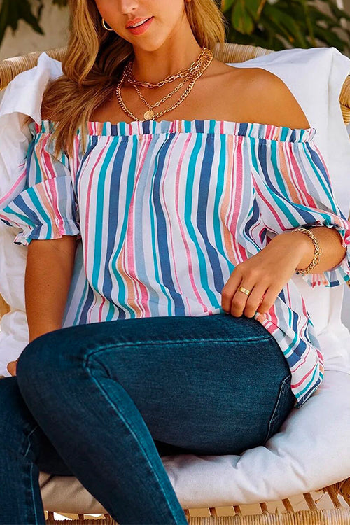 Margovil Color Block Stripes Off Shoulder Frilled Top