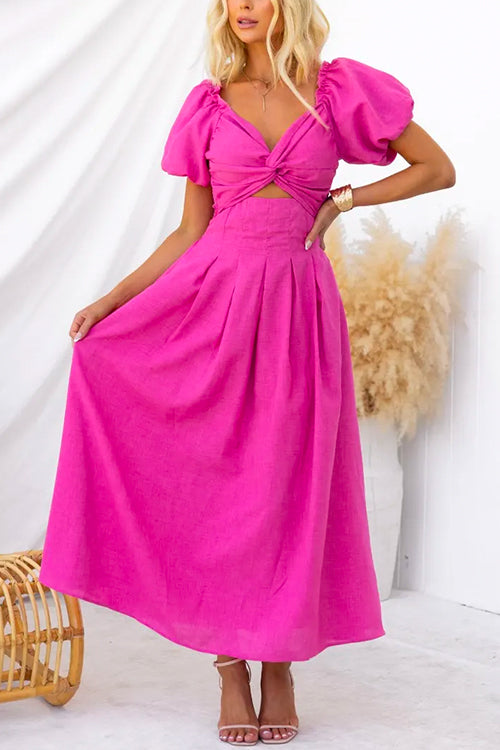 Twist Front Puff Sleeves Cut Out Maxi Swing Dress