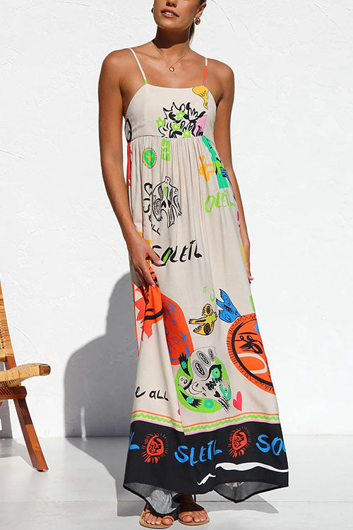 Margovil Tie Back Cut Out Graffiti Print Flowy Maxi Cami Dress