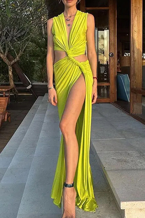 Margovil V Neck Knot Front Cut Out High Slit Sleeveless Maxi Dress