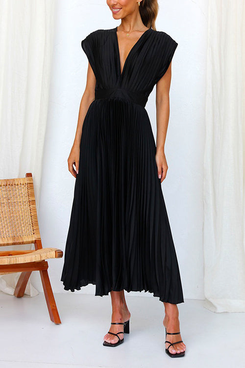 Margovil Deep V Neck Waisted Maxi Pleated Swing Dress