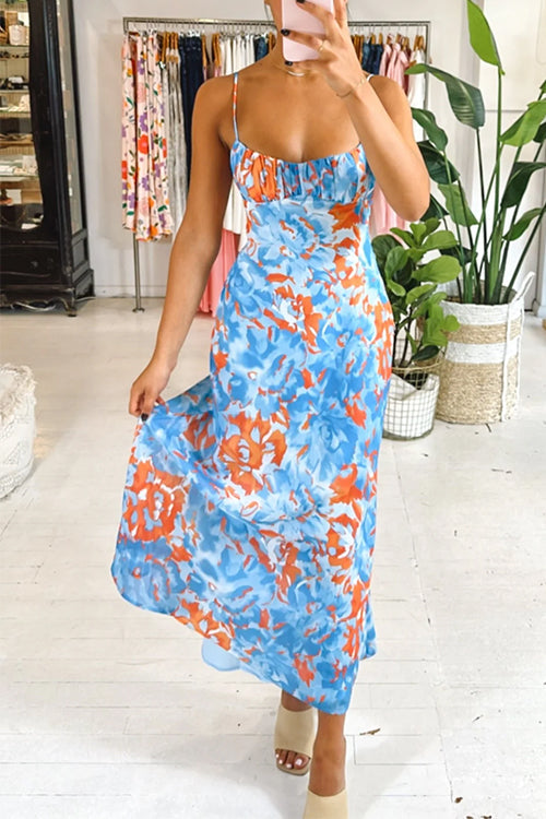 Margovil Spaghetti Strap Twist Back Printed Maxi Vacation Dress