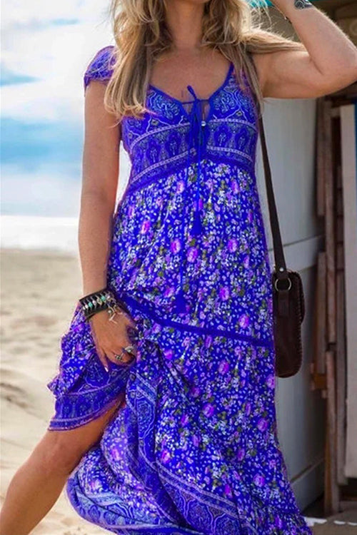 Margovil Tassel V Neck Bohemia Printed Maxi Beach Dress