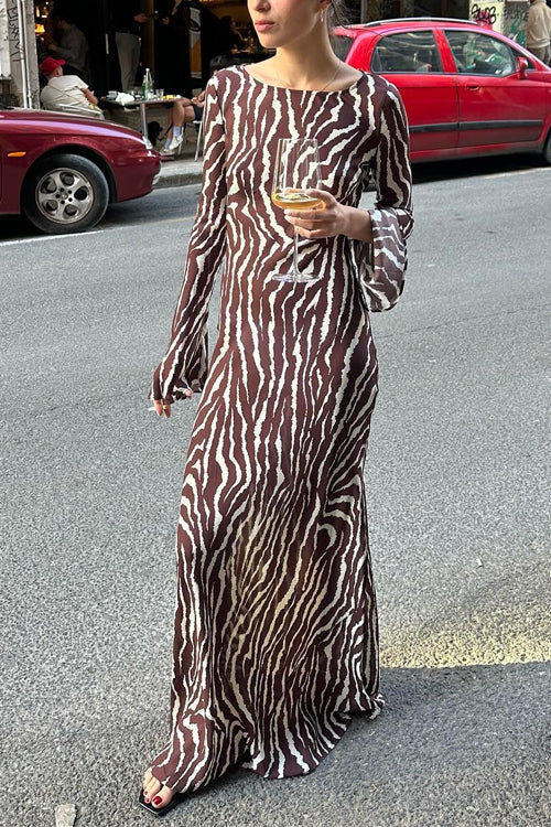 Margovil Boat Neck Bell Sleeves Animal Print Maxi Dress