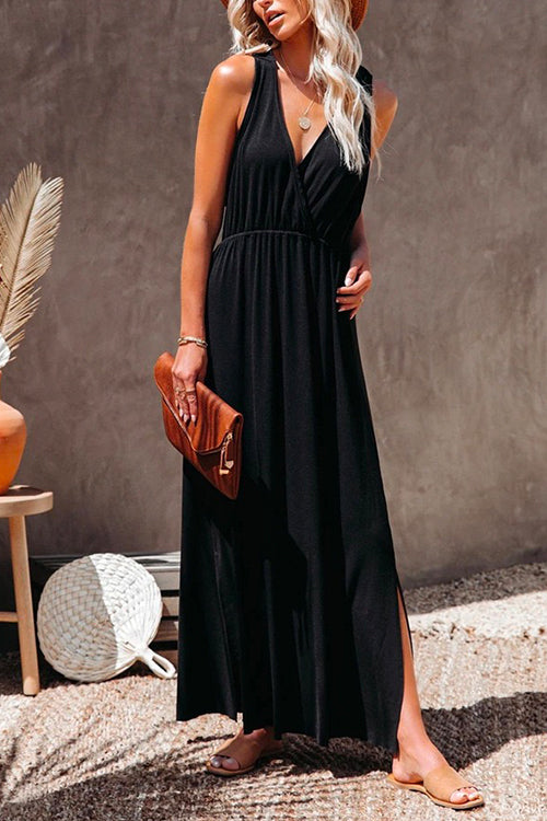 Margovil Sleeveless V Neck Side Split Solid Maxi Sundress