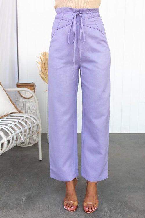 Paper Bag Tie Waist Straight Leg Solid Pants