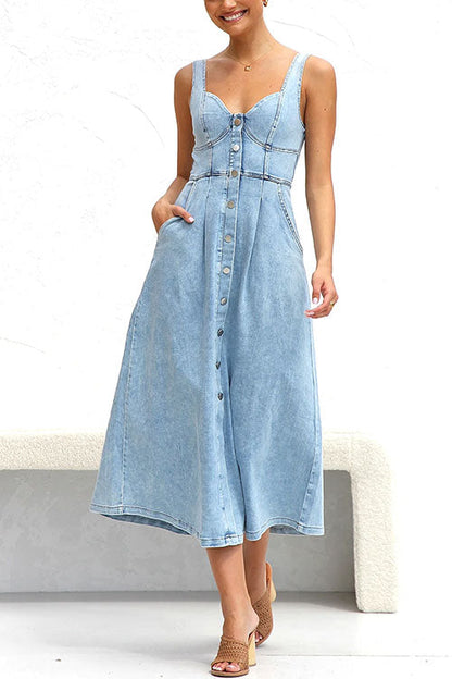 Margovil Distressed Button Down Pocketed Denim A-line Midi Cami Dress