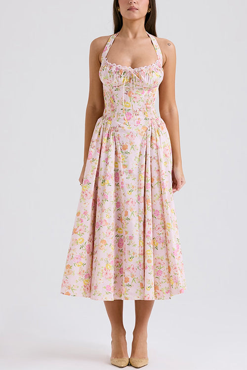 Margovil Halter Tie Front Waisted Floral Print Midi Dress