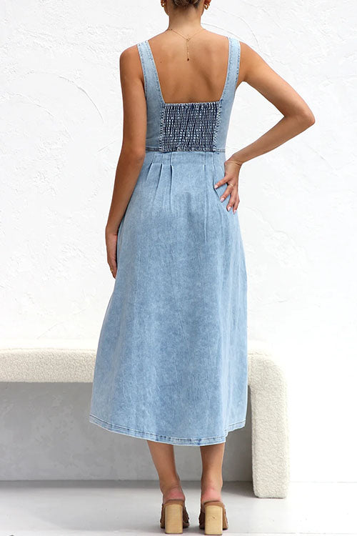 Margovil Distressed Button Down Pocketed Denim A-line Midi Cami Dress