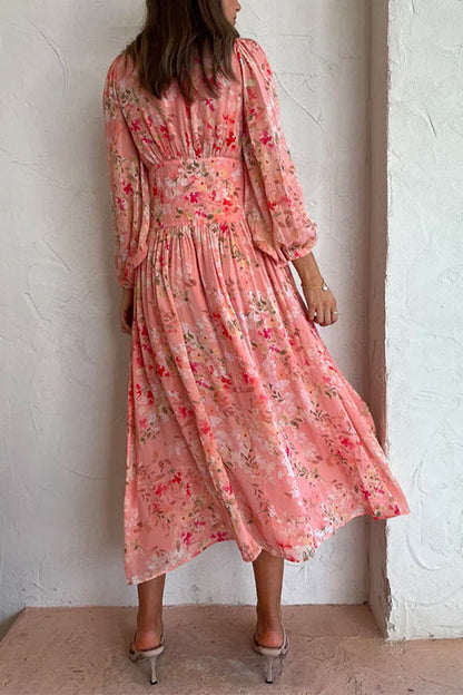 Margovil V Neck Button Up Waisted Floral Midi Swing Dress