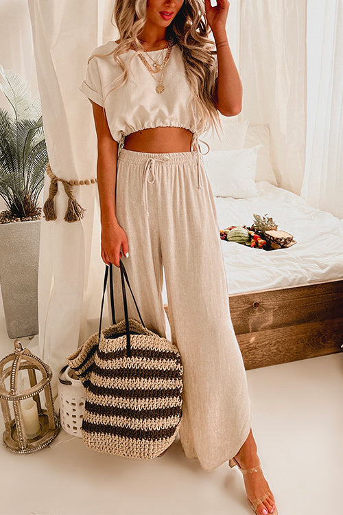 Margovil Drawstring Hem Crop Top Wide Leg Pants Loungewear Set