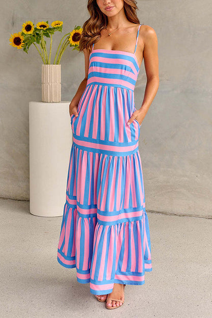 Margovil Spaghetti Strap Ruffle Tiered Color Block Striped Maxi Dress