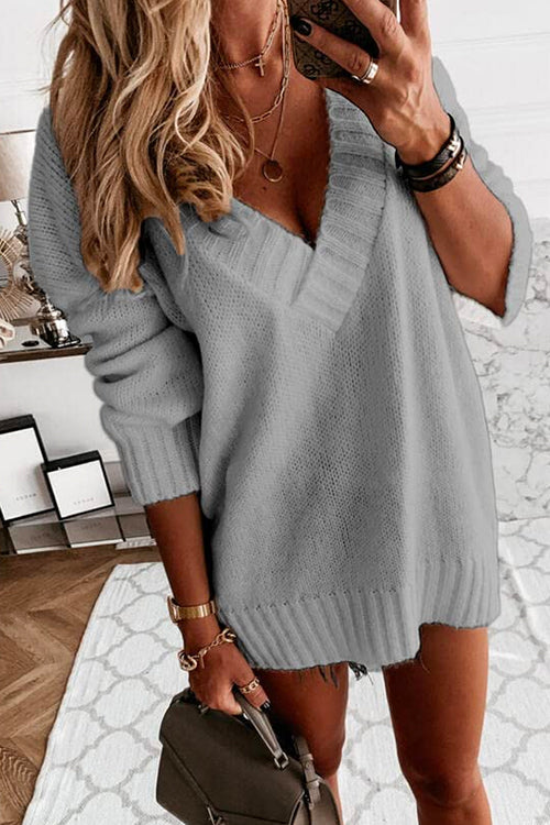 Margovil Solid V Neck Drop Shoulder Knit Sweater