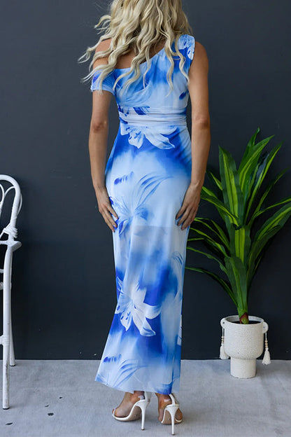 Asymmetric Shoulder Twist Front Slit Floral Maxi Dress