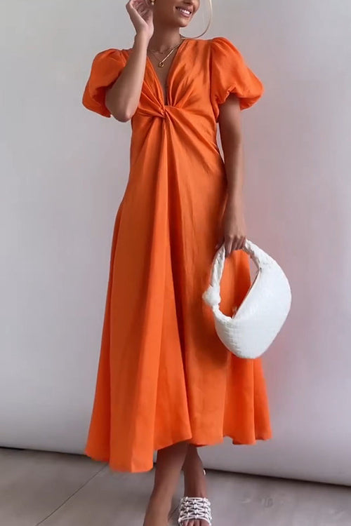 Margovil V Neck Twist Knot Front Puff Sleeves Cotton Linen Maxi Dress