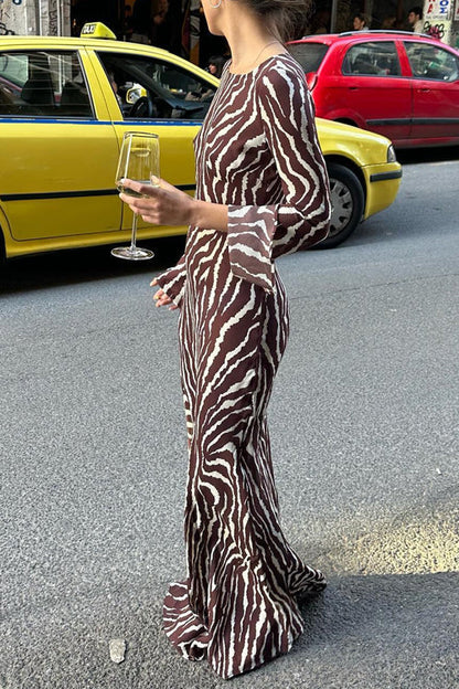 Margovil Boat Neck Bell Sleeves Animal Print Maxi Dress