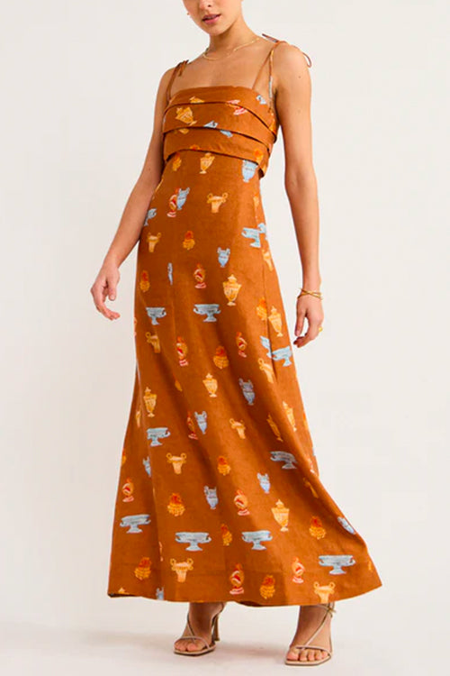 Ruched Spagehetti Strap Pocketed A-line Printed Maxi Dress