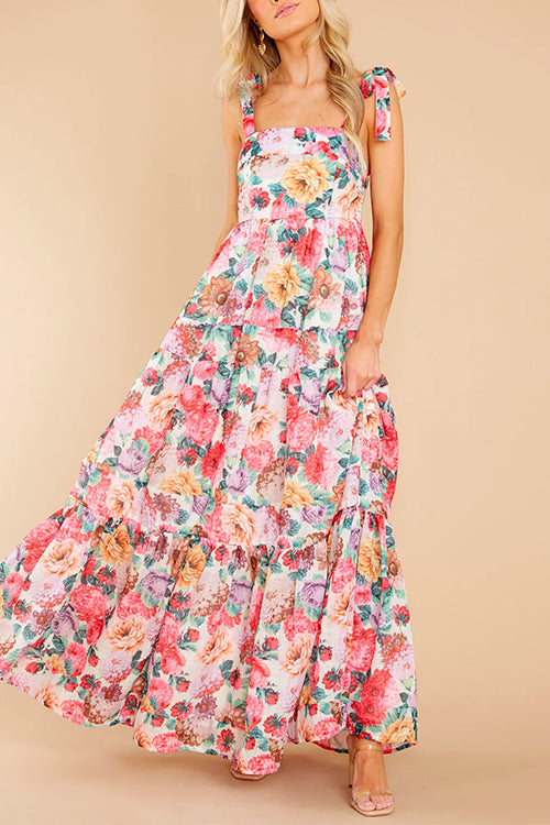 Queen Of Roses Tie Shoulder Ruffle Swing Maxi Dress