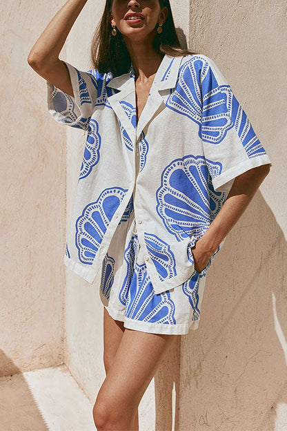 Margovil V Neck Short Sleeves Shirt and Drawstring Waist Shorts Seashell Print Set