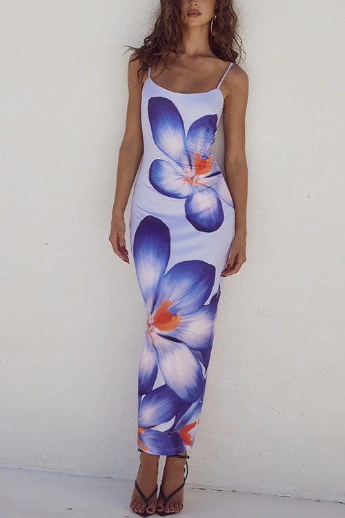 Margovil Spaghetti Strap Back Slit Lily Print Bodycon Maxi Dress