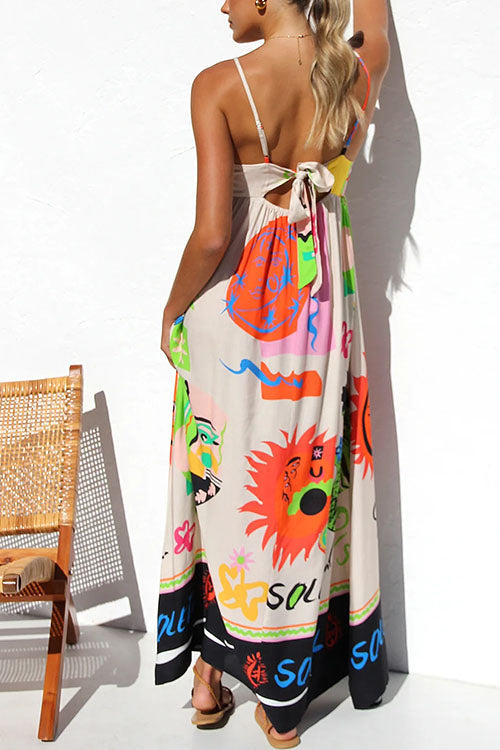 Margovil Tie Back Cut Out Graffiti Print Flowy Maxi Cami Dress