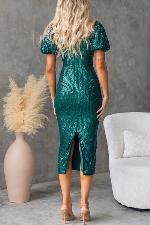 Puff Short Sleeves Back Slit Sequin Bodycon Midi Dress