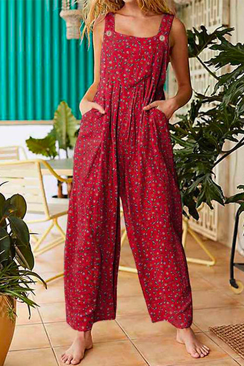 Margovil Pocketed Wide Leg Floral Print Tank Jumpsuit