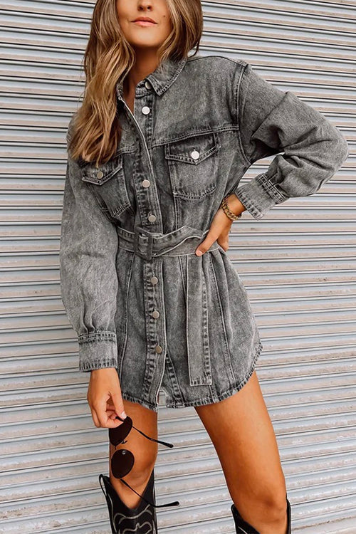 Margovil Vintage Long Sleeves Belted Denim Mini Shirt Dress