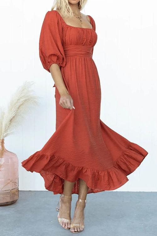 Bow Back Puff Sleeves Waisted Ruffle Midi Dress