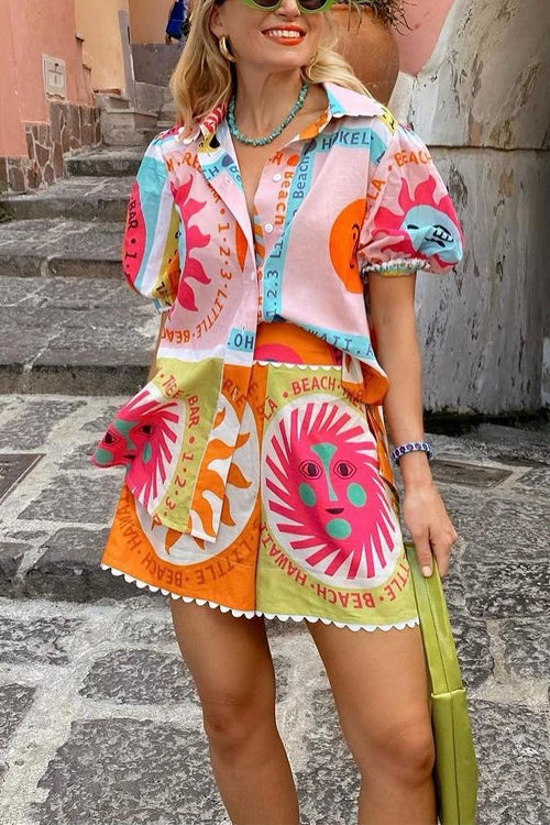 Printed Short Sleeves Blouse Shirt Wide Leg Shorts Vacation Set