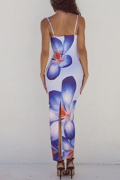 Margovil Spaghetti Strap Back Slit Lily Print Bodycon Maxi Dress