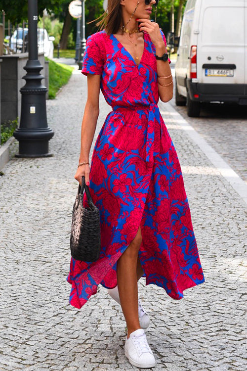 Margovil V Neck Tie Waist Printed Wrapped Long Holiday Dress