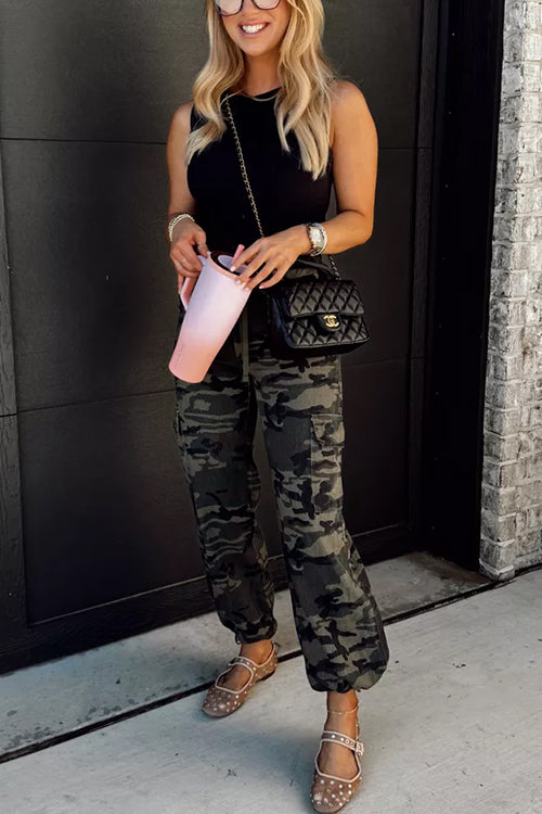 Margovil Camo Drawstring Waist Pocketed Cargo Pants