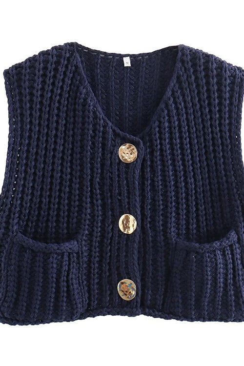 Margovil Gold Buttons Pocketed Chunky Sweater Vest