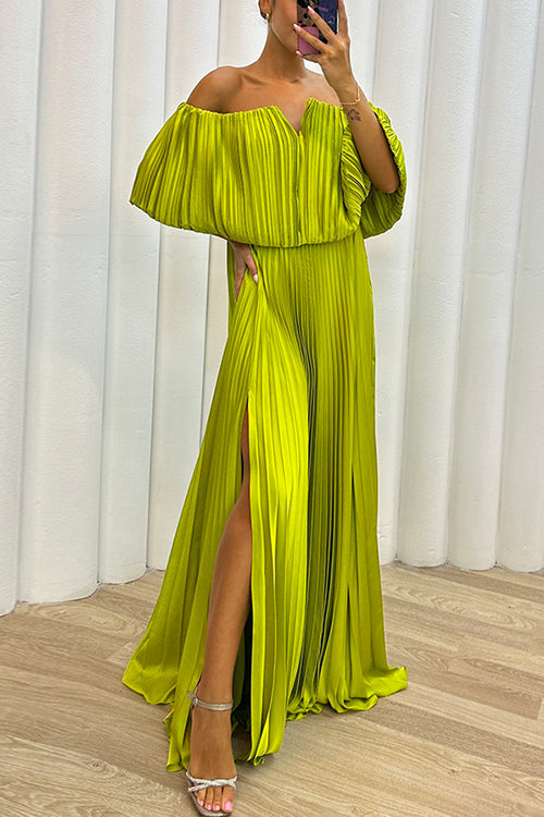 Margovil Off Shoulder Waisted High Slit Pleated Maxi Dress