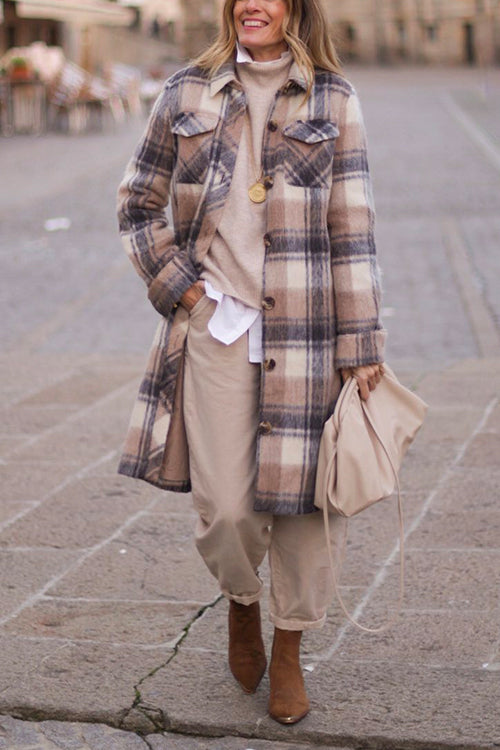 Lapel Button Down Cozy Plaid Shacket Jacket